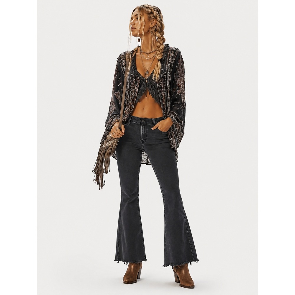 We The Free People Boho High Rise Flare Crop Jeans Black Raw Hem 26
